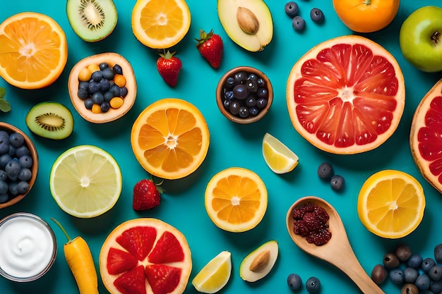 A variety of fruits including one that has the word " fruit " on it