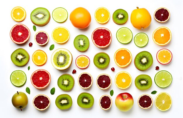 a variety of fruits including one that has the word kiwi on it