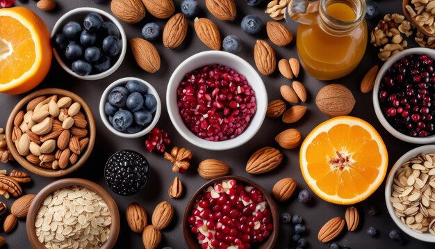 A variety of fruits and nuts on a table