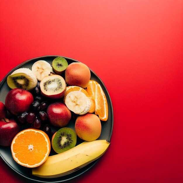 Variety of fruits in a plate on a table copy space