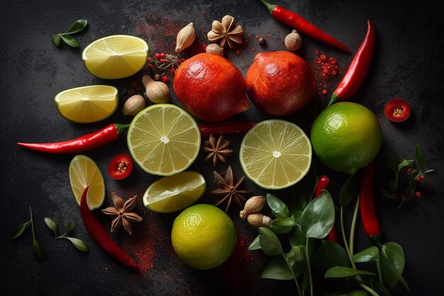 A variety of fruits and spices on a dark background