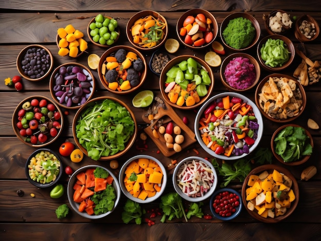 A variety of fruits and vegetables are arranged on a table.