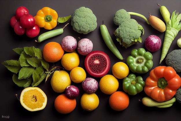 A variety of fruits and vegetables are arranged on a table.