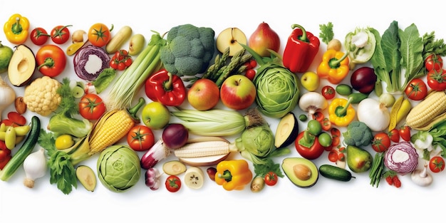 A variety of fruits and vegetables are arranged on a white background.