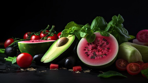 A variety of fruits and vegetables are on a black background.