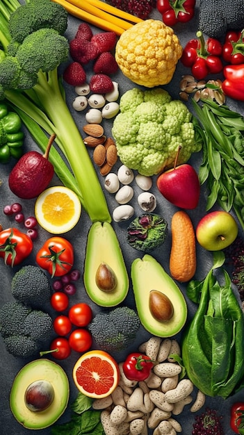 A variety of fruits and vegetables are on a dark background.