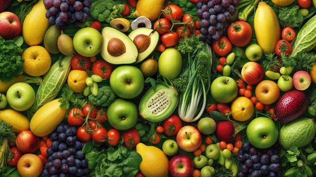 A variety of fruits and vegetables are displayed in a large bowl.