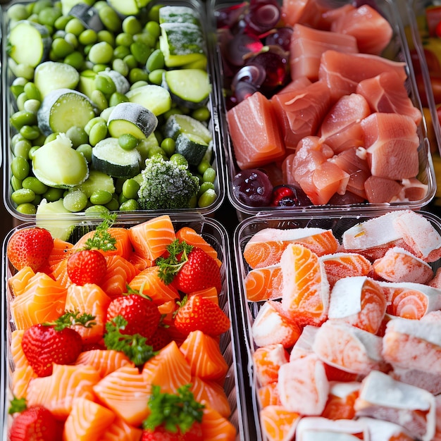 Photo a variety of fruits and vegetables are in plastic containers on a table together including grapes