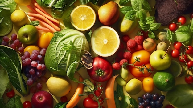 A variety of fruits and vegetables are shown on a table.