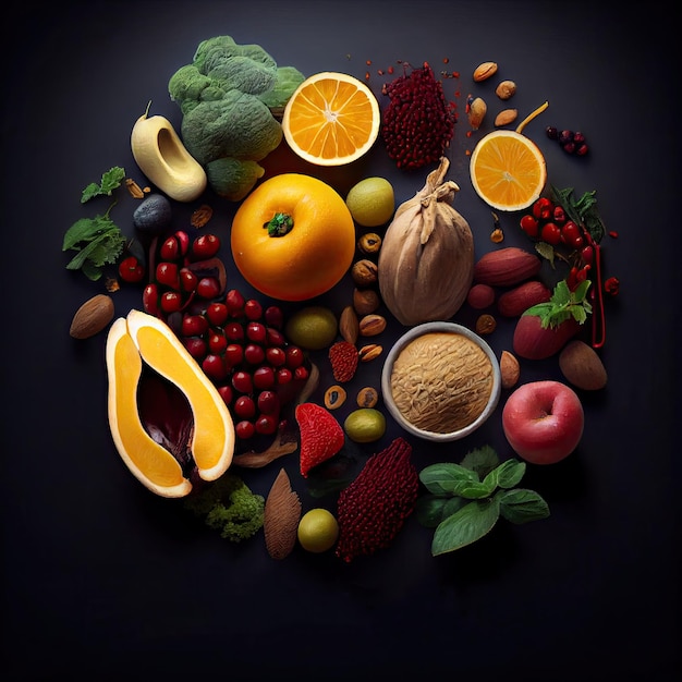 A variety of fruits and vegetables arranged in a circle