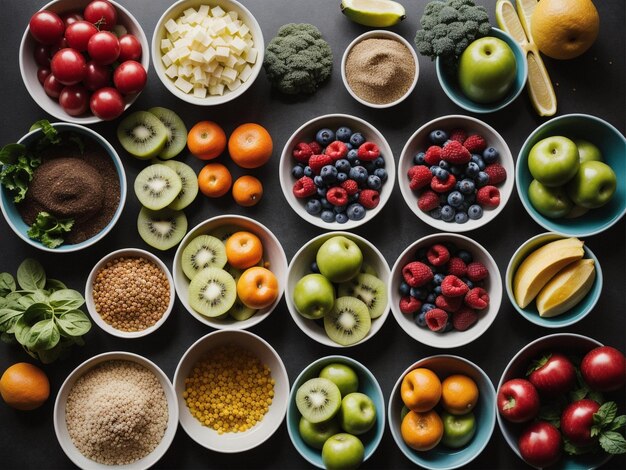 Foto una varietà di frutta e verdura in ciotole focalizzazione alimentare fotografia alimentare sanitaria