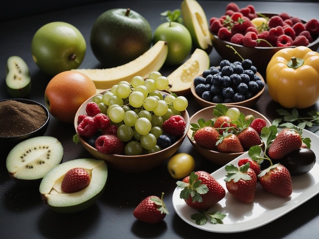 Foto una varietà di frutta e verdura in ciotole focalizzazione alimentare fotografia alimentare sanitaria