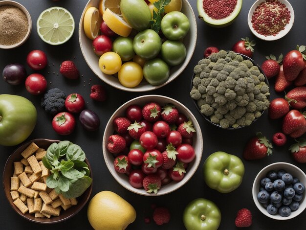 разнообразие фруктов и овощей в мисках сосредоточиться на еде фотографии здоровой еды