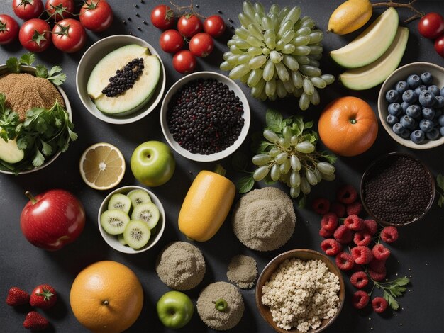 a variety of fruits and vegetables in bowls food focus health food photography