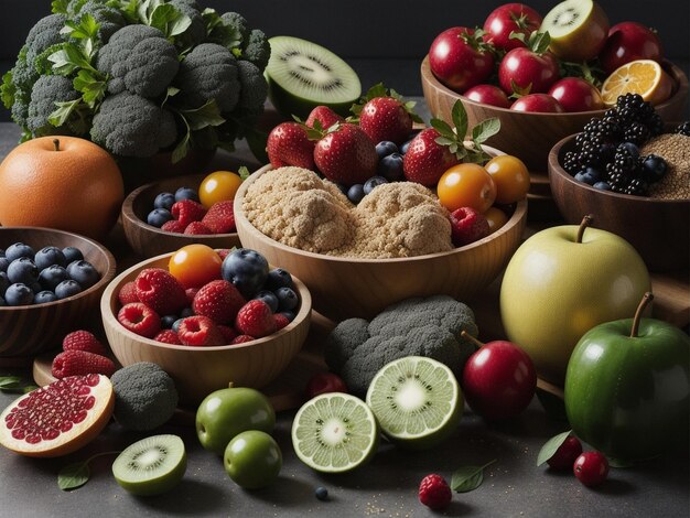 Foto una varietà di frutta e verdura in ciotole focalizzazione alimentare fotografia alimentare sanitaria