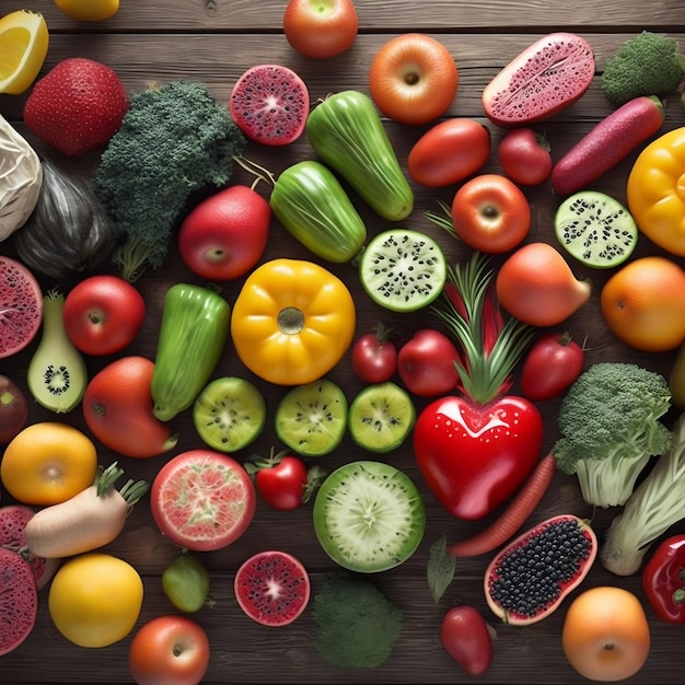 Разнообразные фрукты и овощи, включая огурец, огурец, авокадо и огурец.