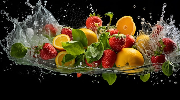 a variety of fruits vegetables and salad being tossed in water Ai generative