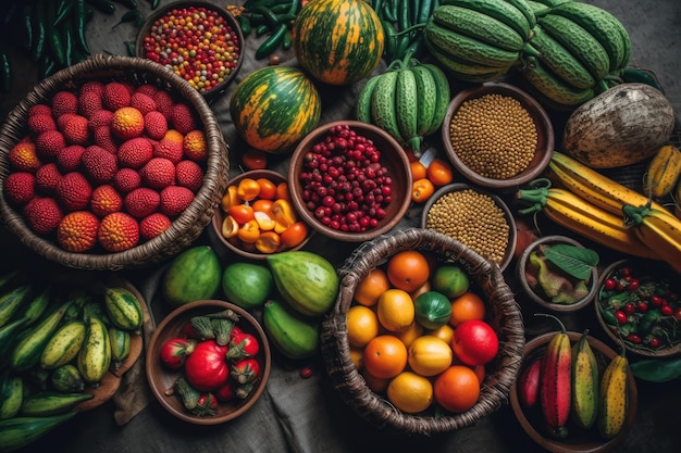 Разнообразие фруктов и овощей на столе Generative Ai