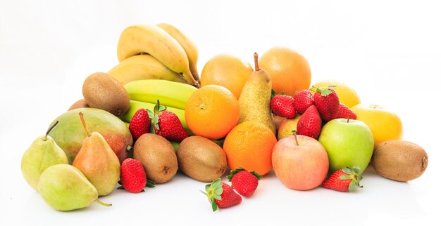 Variety of fruits on white background