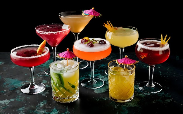 Photo variety of fruity cocktails on a dark background