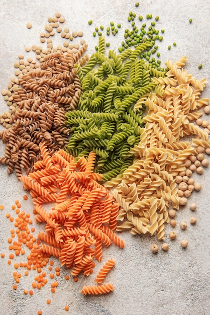 A variety of fusilli pasta from different types of legumes Glutenfree pasta