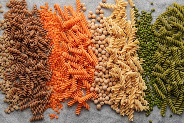 A variety of fusilli pasta from different types of legumes Glutenfree pasta