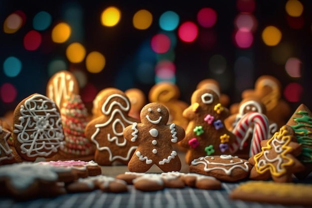 Variety of Gingerbread on top of table background with colorful light Generative AI