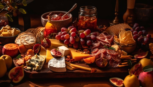 Variety of gourmet meats cheeses and fruit generated by AI