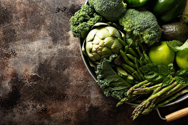 Variety of green vegetables and fruits