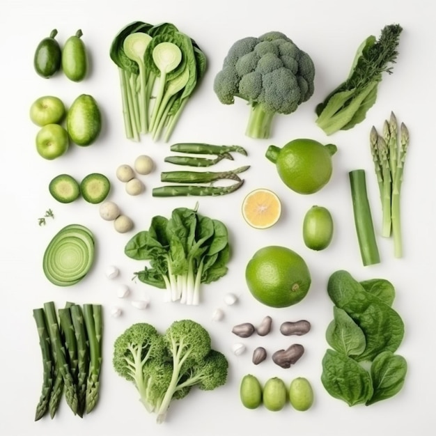 A variety of green vegetables including broccoli, broccoli, and other fruits.