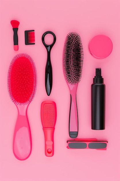 a variety of hair brushes and combs on a pink background