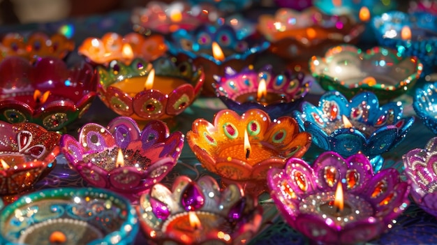 Foto una varietà di diyas artigianali dipinti in colori vivaci e adornati con luccicanti paillettes esposte