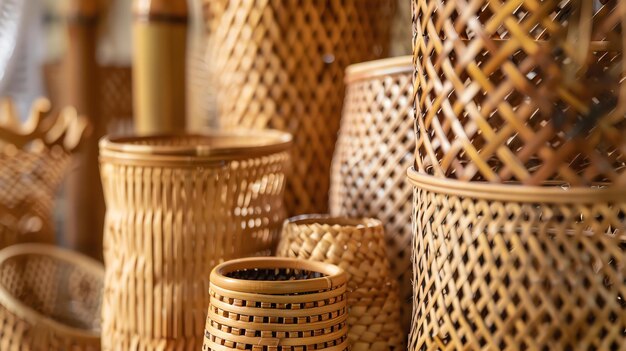 Photo a variety of handmade bamboo baskets in different shapes and sizes the baskets are made from natural materials and have a rustic handmade look