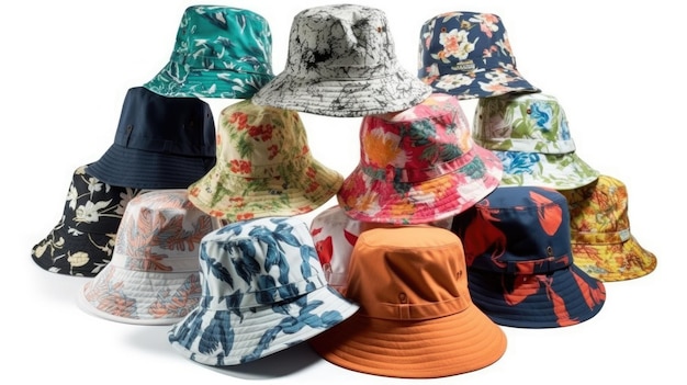 A variety of hats are displayed on a white background.