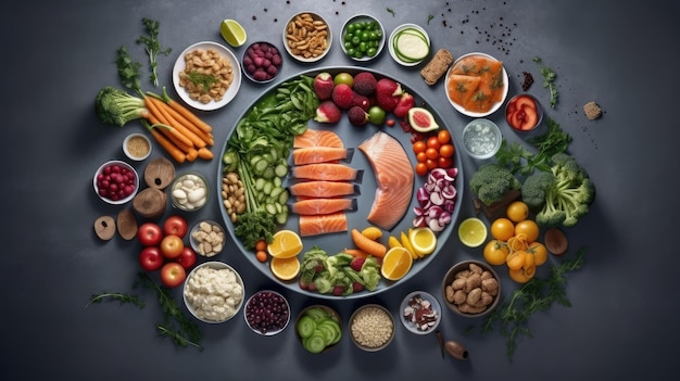 灰色の背景にさまざまな健康的な食事クリーンな食事とデトックスのアイデアビタミン、ミネラル、抗酸化物質が豊富な食品長生きに役立つ食品の鳥瞰図