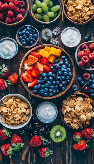 Variety of Healthy Breakfast Choices on Wooden Table