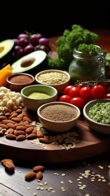 Foto una varietà di ingredienti alimentari sani sono disposti su un tavolo di legno