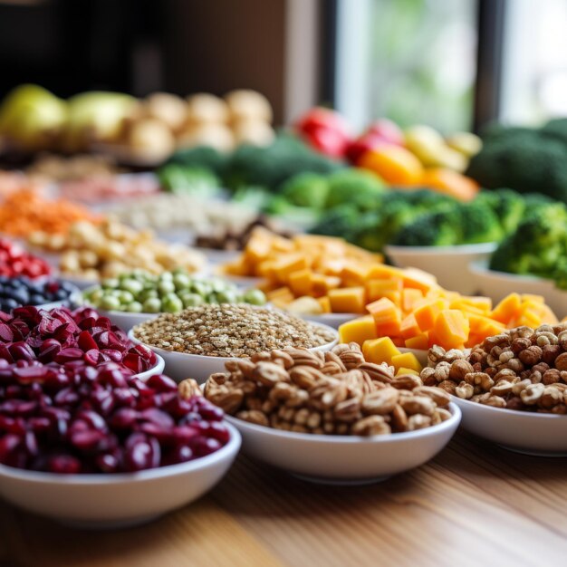 Foto una varietà di ingredienti alimentari sani sono disposti su un tavolo di legno