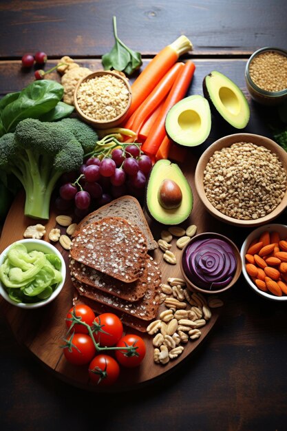 A variety of healthy food on a wooden table