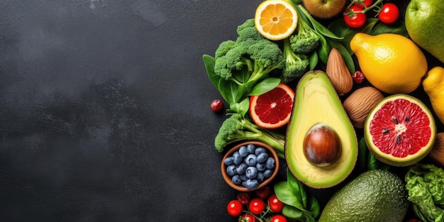 A variety of healthy foods on a gray backdrop The concept of a cleansing and a clean diet foods that are rich in vitamins minerals and antioxidants Foods that keep well copy space on the top view