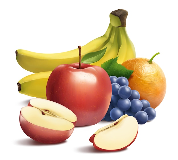 Variety of healthy fresh fruits on white background