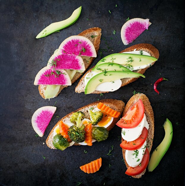 Variety of healthy sandwiches on a dark background in a rustic style Top view