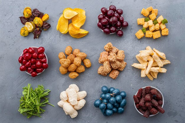 Variety of healthy snacks overhead shot laying on the table