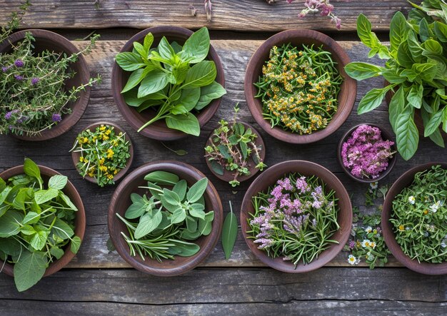 a variety of herbs are placed on a wooden table