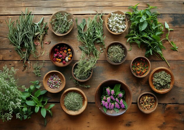 a variety of herbs are placed on a wooden table