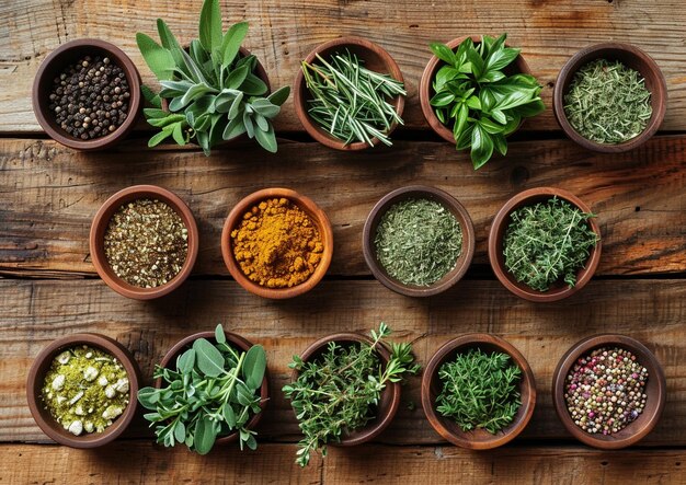 a variety of herbs are placed on a wooden table