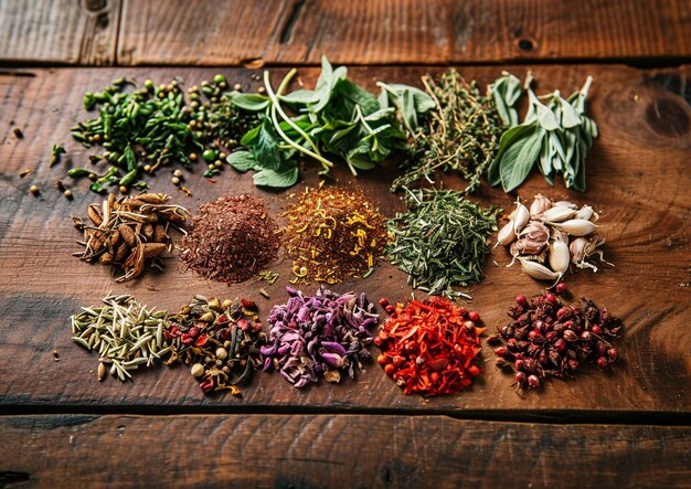 a variety of herbs are placed on a wooden table