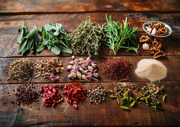 a variety of herbs are placed on a wooden table