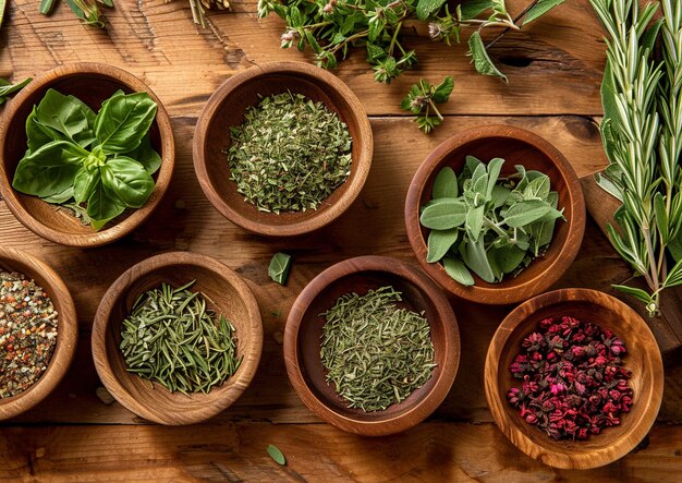 a variety of herbs are placed on a wooden table