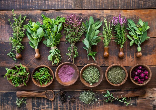 a variety of herbs are placed on a wooden table